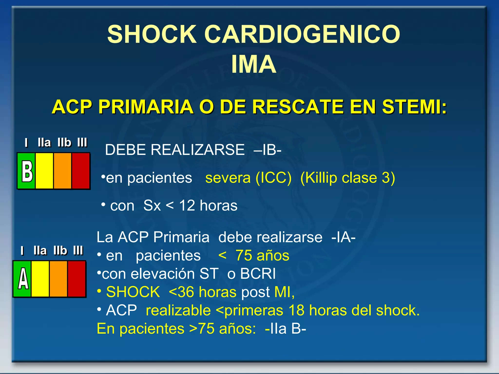 ACP PRIMARIA O DE RESCATE EN STEMI: DEBE REALIZARSE  –IB-  en pacientes  severa (ICC)  (Killip clase 3)  con  Sx < 12 horas La ACP Primaria  debe realizarse  -IA-  en  pacientes   <  75 años   con elevación ST  o BCRI  SHOCK  <36 horas   post  MI,  ACP  realizable <primeras 18 horas del shock. En pacientes >75 años:  - IIa B-  SHOCK CARDIOGENICO IMA 