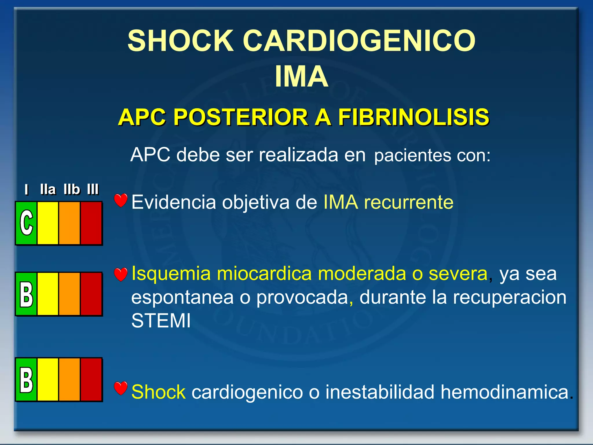   APC POSTERIOR A FIBRINOLISIS APC debe ser realizada en  pacientes con:   Evidencia objetiva de   IMA recurrente Isquemia miocardica moderada o severa ,  ya   sea espontanea o provocada ,   durante la recuperacion STEMI Shock   cardiogenico o inestabilidad hemodinamica .   SHOCK CARDIOGENICO IMA 