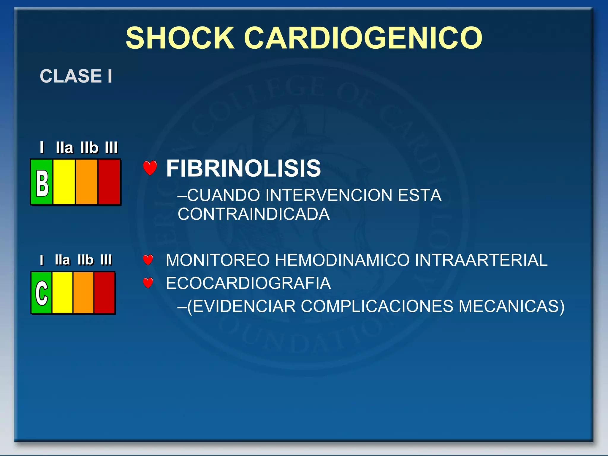SHOCK CARDIOGENICO FIBRINOLISIS CUANDO INTERVENCION ESTA CONTRAINDICADA MONITOREO HEMODINAMICO INTRAARTERIAL ECOCARDIOGRAFIA (EVIDENCIAR COMPLICACIONES MECANICAS) CLASE I I I I IIa IIa IIa IIb IIb IIb III III III I I I IIa IIa IIa IIb IIb IIb III III III I I I IIa IIa IIa IIb IIb IIb III III III IIa IIa IIa IIb IIb IIb III III III B 