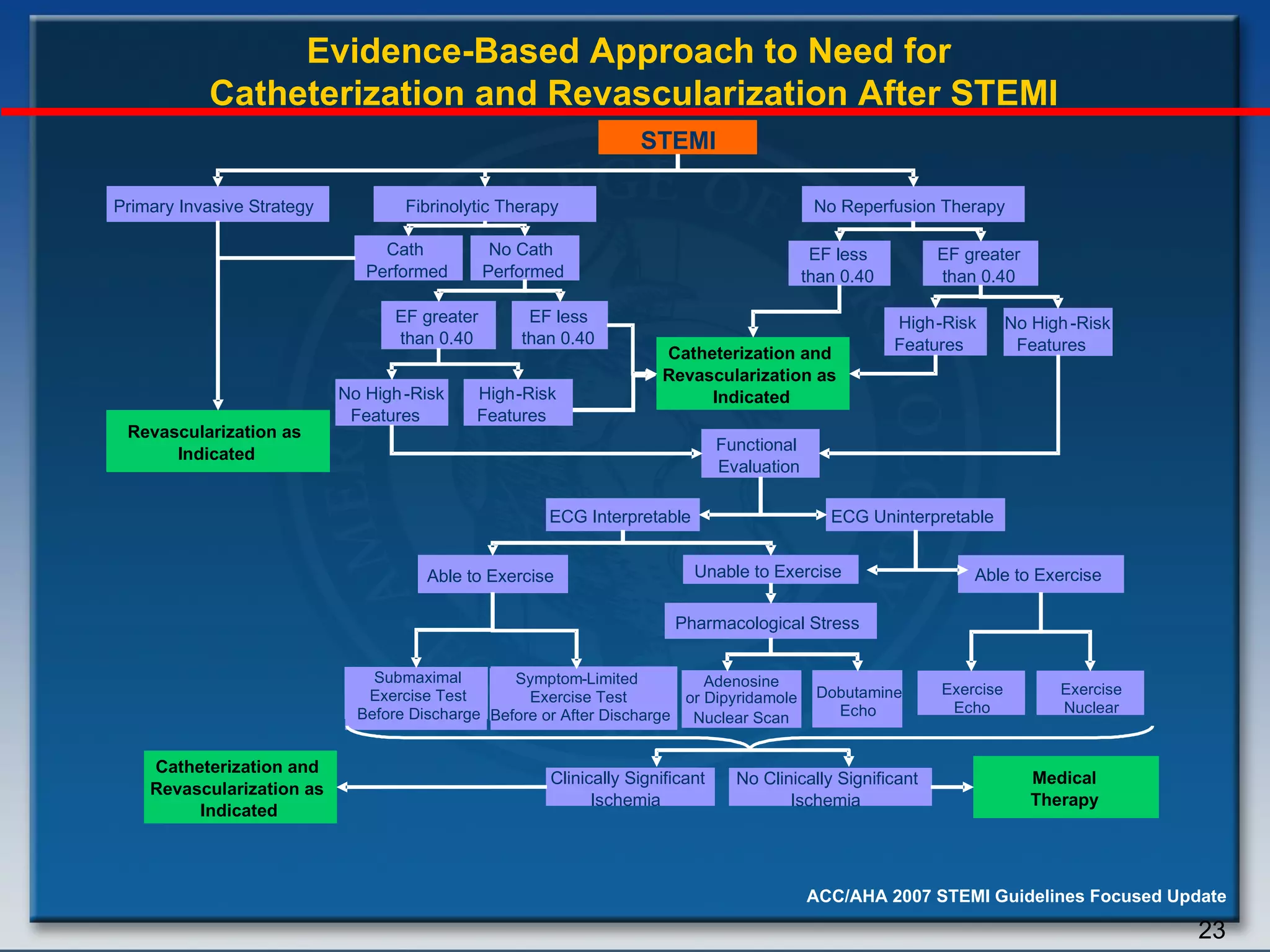 Evidence-Based Approach to Need for  Catheterization and Revascularization After STEMI STEMI Primary Invasive Strategy Fibrinolytic Therapy No Reperfusion Therapy Cath  Performed No Cath  Performed EF greater  than 0.40 EF less  than 0.40 EF less  than 0.40 EF greater  than 0.40 High - Risk Features † No High - Risk Features † No High - Risk Features † High - Risk Features † Functional  Evaluation ECG Interpretable ECG Uninterpretable Able to Exercise Unable to Exercise Submaximal Exercise Test Before Discharge Symptom - Limited Exercise Test Before or After Discharge Pharmacological Stress Nuclear Scan Dobutamine Echo Clinically Significant Ischemia* No Clinically Significant Ischemia* Medical Therapy Revascularization as  Indicated Catheterization and  Revascularization as  Indicated Catheterization and  Revascularization as  Indicated Able to Exercise Exercise  Echo Exercise  Nuclear STEMI Primary Invasive Strategy Fibrinolytic Therapy No Reperfusion Therapy Cath  Performed No Cath  Performed EF greater  than 0.40 EF less  than 0.40 EF less  than 0.40 EF greater  than 0.40 High - Risk Features No High - Risk Features No High - Risk Features High - Risk Features Functional  Evaluation ECG Interpretable ECG Uninterpretable Able to Exercise Unable to Exercise Submaximal Exercise Test Before Discharge Symptom - Limited Exercise Test Before or After Discharge Pharmacological Stress Adenosine or Dipyridamole Dobutamine Echo Clinically Significant Ischemia No Clinically Significant Ischemia Medical Therapy Revascularization as  Indicated Catheterization and  Revascularization as  Indicated Catheterization and  Revascularization as  Indicated Able to Exercise Exercise  Echo Exercise  Nuclear 