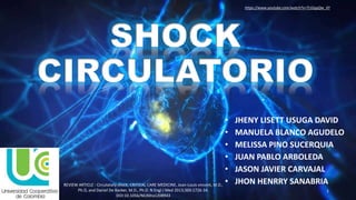 • JHENY LISETT USUGA DAVID
• MANUELA BLANCO AGUDELO
• MELISSA PINO SUCERQUIA
• JUAN PABLO ARBOLEDA
• JASON JAVIER CARVAJAL
• JHON HENRRY SANABRIA
https://www.youtube.com/watch?v=TLtGggQw_XY
REVIEW ARTICLE : Circulatory shock, CRITICAL CARE MEDICINE, Jean-Louis vincent, M.D.,
Ph.D, and Daniel De Backer, M.D., Ph.D. N Engl J Med 2013;369:1726-34.
DOI:10.1056/NEJMra1208943
1
 
