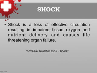 SHOCK
•  Shock is a loss of effective circulation
resulting in impaired tissue oxygen and
nutrient delivery and causes life
threatening organ failure.
“ANZCOR Guideline 9.2.3 – Shock”
 