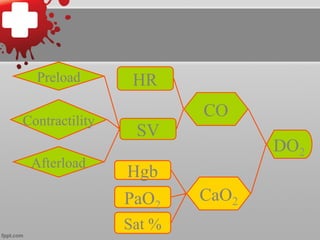 DO2
CaO2
CO
Sat %
PaO2
Hgb
HR
SV
Preload
Contractility
Afterload
 