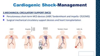 Cardiogenic Shock-Management
3.MECHANICAL CIRCULATORY SUPPORT (MCS)
Percutaneous short-term MCS devices (IABP, TandemHeart and Impella CP,ECMO)
Surgical mechanical circulatory support devices and heart transplantation
 
