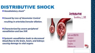 DISTRIBUTIVE SHOCK
Vasodialatory shock“
Caused by Loss of Vasomotor Control
resulting in arteriolar/venular dilation.
Characterized by severe peripheral
vasodilation and low SVR
Systemic vasodilation leads to decreased
blood flow to the brain, heart, and kidneys
causing damage to vital organs
 