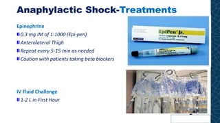 Anaphylactic Shock-Treatments
Epinephrine
0.3 mg IM of 1:1000 (Epi-pen)
Anterolateral Thigh
Repeat every 5-15 min as needed
Caution with patients taking beta blockers
IV Fluid Challenge
1-2 L in First Hour
 