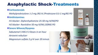 Anaphylactic Shock-Treatments
Corticosteroids
Methylprednisolone 1-2 mg /KG IV /Prednisone 0.5-1 mg/KG PO
Antihistamines
H1 blocker- Diphenhydramine 25-50 mg IV/IM/PO
H2 blocker- Ranitidine 50 mg IV/IM,150MG PO
Severe Wheeze/Dyspnea
Sabutamol 5 MG X 3 Doses in an hour
Atrovent nebulizer
Magnesium sulfate 2 g IV over 20 minutes
 