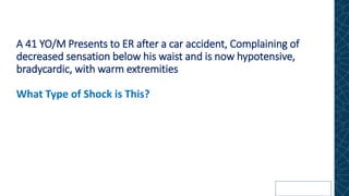 A 41 YO/M Presents to ER after a car accident, Complaining of
decreased sensation below his waist and is now hypotensive,
bradycardic, with warm extremities
What Type of Shock is This?
 