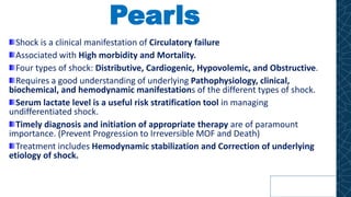 Pearls
Shock is a clinical manifestation of Circulatory failure
Associated with High morbidity and Mortality.
Four types of shock: Distributive, Cardiogenic, Hypovolemic, and Obstructive.
Requires a good understanding of underlying Pathophysiology, clinical,
biochemical, and hemodynamic manifestations of the different types of shock.
Serum lactate level is a useful risk stratification tool in managing
undifferentiated shock.
Timely diagnosis and initiation of appropriate therapy are of paramount
importance. (Prevent Progression to Irreversible MOF and Death)
Treatment includes Hemodynamic stabilization and Correction of underlying
etiology of shock.
 