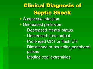 Clinical Diagnosis of Septic Shock Suspected infection Decreased perfusion Decreased mental status Decreased urine output Prolonged CRT or flash CR Diminished or bounding peripheral pulses Mottled cool extremities 