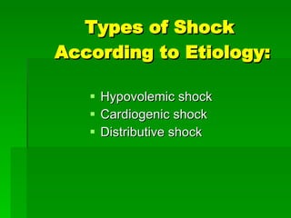 Types of Shock  According to Etiology: Hypovolemic shock Cardiogenic shock Distributive shock 
