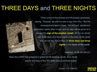 THREE DAYS and THREE NIGHTS
                                 ―Then some of the scribes and Pharisees answered,
                           saying, ―Teacher, we want to see a sign from You.‖ But He
                                 answered and said to them, ―An evil and adulterous
                          generation seeks after a sign, and no sign will be given to it
                             except the sign of the prophet Jonah. 40 For as Jonah
                              was three days and three nights in the belly of the great
                                 fish, so will the Son of Man be three days and three
                                                      nights in the heart of the earth.


                                                            Matthew 12:38–40 (NKJV)

  ―Now the LORD had prepared a great fish to swallow Jonah. And Jonah
                 was in the belly of the fish three days and three nights.


                                                      Jonah 1:17 (NKJV)
 