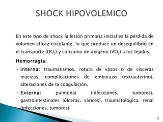En este tipo de shock la lesión primaria inicial es la pérdida de volumen eficaz circulante, lo que produce un desequilibrio en el transporte (DO 2 ) y consumo de oxígeno (VO 2 ) a los tejidos. Hemorragia:   Interna:  traumatismos, rotura de vasos o de vísceras macizas, complicaciones de embarazo (extrauterino), alteraciones de la coagulación. Externa:  pulmonar (infecciones, tumores), gastrointestinales (úlceras, várices), traumatológica, renal (infecciones, tumores). 