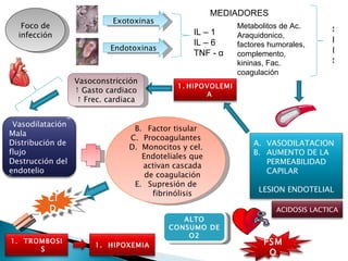 Foco de infección Exotoxinas Endotoxinas MEDIADORES IL – 1 IL – 6  TNF -  α Metabolitos de Ac. Araquidonico, factores humorales, complemento, kininas, Fac. coagulación SIRS Vasoconstricción ↑  Gasto cardiaco ↑  Frec. cardiaca Factor tisular Procoagulantes Monocitos y cel. Endoteliales que activan cascada de coagulación Supresión de fibrinólisis CID ALTO CONSUMO DE O2 VASODILATACION AUMENTO DE LA PERMEABILIDAD CAPILAR LESION ENDOTELIAL HIPOVOLEMIA Vasodilatación Mala Distribución de flujo Destrucción del endotelio TROMBOSIS HIPOXEMIA FSMO ACIDOSIS LACTICA 