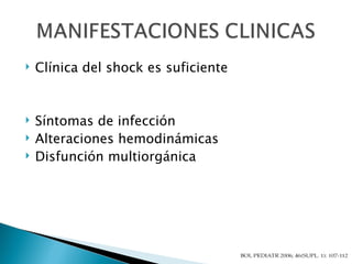 Clínica del shock es suficiente Síntomas de infección Alteraciones hemodinámicas Disfunción multiorgánica 