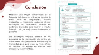 Conclusión
Mediante una mayor comprensión de la
ﬁsiología del shock en el trauma, incluida la
tríada letal de coagulopatía, acidosis
metabólica e hipotermia, podemos ofrecer
estrategias de tratamiento basadas en
evidencia diseñadas para revertir el insulto
ﬁsiológico y lograr mejores resultados para el
paciente.
Las estrategias dirigidas basadas en los
principios de la reanimación de control de
daños están inﬂuyendo en la morbilidad y la
mortalidad, pero para lograr su mejor efecto
se requiere un equipo de trauma bien
ensayado y experimentado.
 