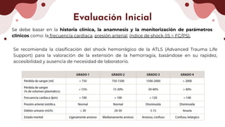 Evaluación Inicial
Se debe basar en la historia clínica, la anamnesis y la monitorización de parámetros
clínicos como: la frecuencia cardiaca, presión arterial, índice de shock (IS = FC/PS).
Se recomienda la clasiﬁcación del shock hemorrágico de la ATLS (Advanced Trauma Life
Support) para la valoración de la extensión de la hemorragia, basándose en su rapidez,
accesibilidad y ausencia de necesidad de laboratorio.
 