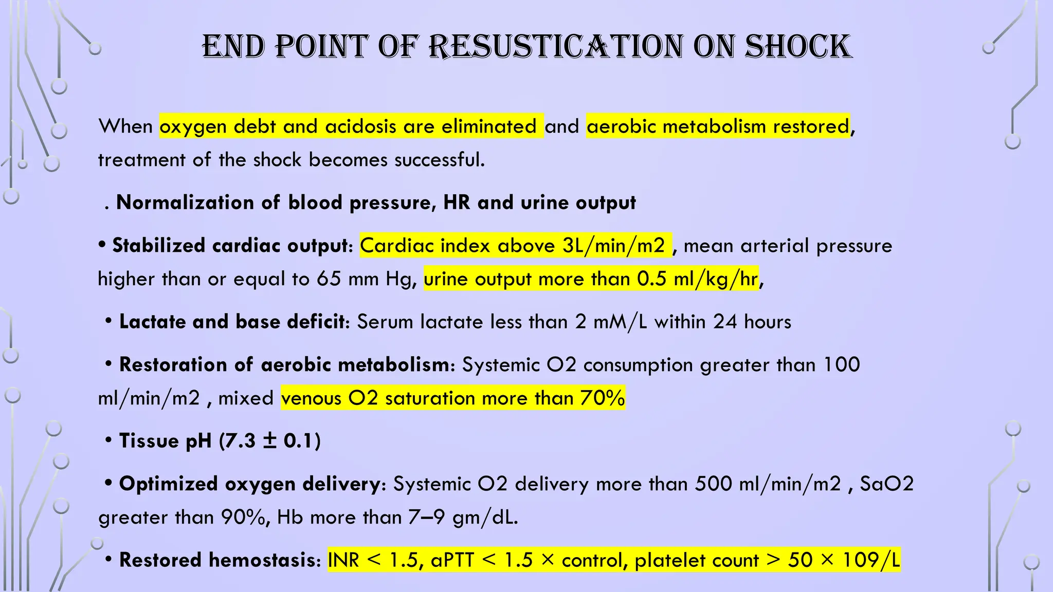 END POINT OF RESUSTICATION ON SHOCK
When oxygen debt and acidosis are eliminated and aerobic metabolism restored,
treatment of the shock becomes successful.
. Normalization of blood pressure, HR and urine output
• Stabilized cardiac output: Cardiac index above 3L/min/m2 , mean arterial pressure
higher than or equal to 65 mm Hg, urine output more than 0.5 ml/kg/hr,
• Lactate and base deficit: Serum lactate less than 2 mM/L within 24 hours
• Restoration of aerobic metabolism: Systemic O2 consumption greater than 100
ml/min/m2 , mixed venous O2 saturation more than 70%
• Tissue pH (7.3 ± 0.1)
• Optimized oxygen delivery: Systemic O2 delivery more than 500 ml/min/m2 , SaO2
greater than 90%, Hb more than 7–9 gm/dL.
• Restored hemostasis: INR < 1.5, aPTT < 1.5 × control, platelet count > 50 × 109/L
 