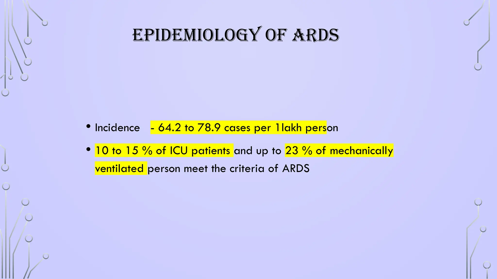 EPIDEMIOLOGY OF ARDS
• Incidence - 64.2 to 78.9 cases per 1lakh person
• 10 to 15 % of ICU patients and up to 23 % of mechanically
ventilated person meet the criteria of ARDS
 
