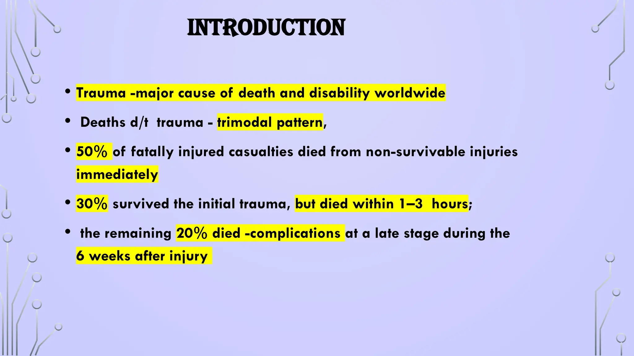 INTRODUCTION
• Trauma -major cause of death and disability worldwide
• Deaths d/t trauma - trimodal pattern,
• 50% of fatally injured casualties died from non-survivable injuries
immediately
• 30% survived the initial trauma, but died within 1–3 hours;
• the remaining 20% died -complications at a late stage during the
6 weeks after injury
 