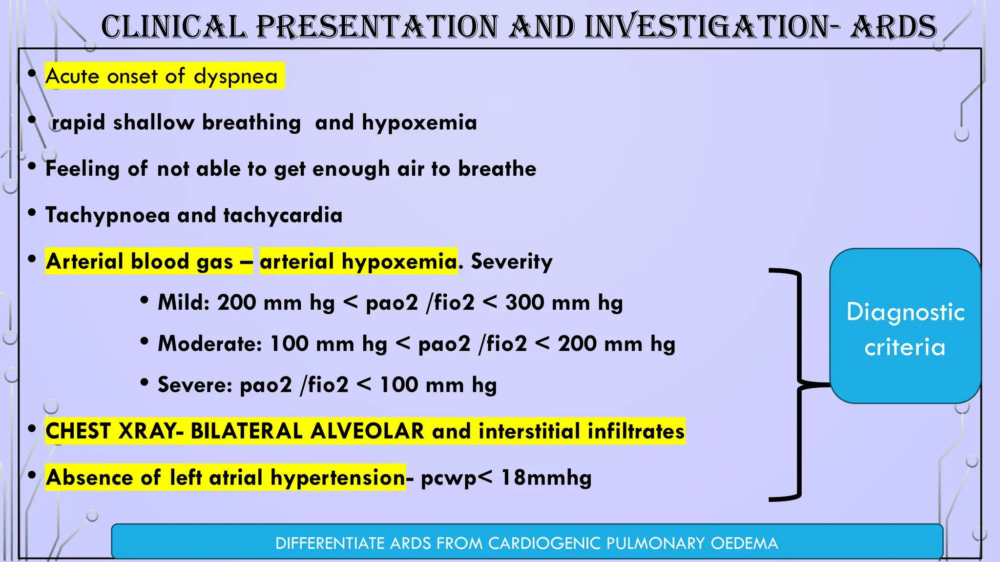 CLINICAL PRESENTATION AND INVESTIGATION- ARDS
• Acute onset of dyspnea
• rapid shallow breathing and hypoxemia
• Feeling of not able to get enough air to breathe
• Tachypnoea and tachycardia
• Arterial blood gas – arterial hypoxemia. Severity
• Mild: 200 mm hg < pao2 /fio2 < 300 mm hg
• Moderate: 100 mm hg < pao2 /fio2 < 200 mm hg
• Severe: pao2 /fio2 < 100 mm hg
• CHEST XRAY- BILATERAL ALVEOLAR and interstitial infiltrates
• Absence of left atrial hypertension- pcwp< 18mmhg
DIFFERENTIATE ARDS FROM CARDIOGENIC PULMONARY OEDEMA
Diagnostic
criteria
 