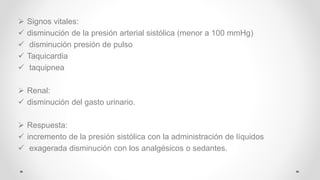  Signos vitales:
 disminución de la presión arterial sistólica (menor a 100 mmHg)
 disminución presión de pulso
 Taquicardia
 taquipnea
 Renal:
 disminución del gasto urinario.
 Respuesta:
 incremento de la presión sistólica con la administración de líquidos
 exagerada disminución con los analgésicos o sedantes.
 