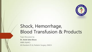 Shock, Hemorrhage,
Blood Transfusion & Products
Topic Discussion by
Dr. Anick Saha Shuvo
MBBS (RpMC)
MS Resident (P-A), Pediatric Surgery, DMCH
 