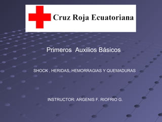 Primeros Auxilios BásicosPrimeros Auxilios BásicosPrimeros Auxilios Básicos
SHOCK , HERIDAS, HEMORRAGIAS Y QUEMADURAS
INSTRUCTOR: ARGENIS F. RIOFRIO G.
 