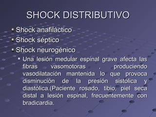SHOCK DISTRIBUTIVOSHOCK DISTRIBUTIVO
Shock anafilácticoShock anafiláctico
Shock sépticoShock séptico
Shock neurogénicoShoc...