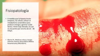 Fisiopatología	
• A	medida	que	la	hipoxia	tisular	
empeora,	las	células	utilizan	el	
metabolismo	anaeróbico	para	
producir	energía	y	generar	acido	
láctico.	Anión	Gap	elevado,	el	cual	
se	encuentra	por	encima	de	25	- 30	
mEq/L
• Marino	PL.	Medicina	crítica	y	terapia	
intensiva.	Buenos	Aires:Editora MÈdica
Panamericana,1993:430-41.
 