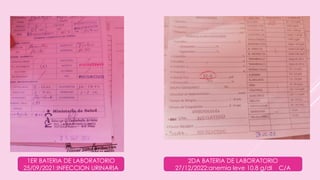 1ER BATERIA DE LABORATORIO
25/09/2021:INFECCION URINARIA
2DA BATERIA DE LABORATORIO
27/12/2022:anemia leve 10.8 g/dl C/A
 