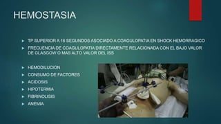 HEMOSTASIA
 TP SUPERIOR A 16 SEGUNDOS ASOCIADO A COAGULOPATIA EN SHOCK HEMORRAGICO
 FRECUENCIA DE COAGULOPATIA DIRECTAMENTE RELACIONADA CON EL BAJO VALOR
DE GLASGOW O MAS ALTO VALOR DEL ISS
 HEMODILUCION
 CONSUMO DE FACTORES
 ACIDOSIS
 HIPOTERMIA
 FIBRINOLISIS
 ANEMIA
 