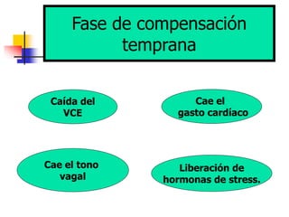 Fase de compensación
temprana
Caída del
VCE
Cae el
gasto cardíaco
Cae el tono
vagal
Liberación de
hormonas de stress.
 