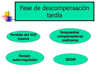 Fase de descompensación
tardía
Perdida del VCE
masiva
Respuestas
compensadoras
ineficaces
Escape
autorregulador SDOM
 