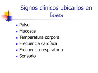 Signos clínicos ubicarlos en
fases
 Pulso
 Mucosas
 Temperatura corporal
 Frecuencia cardíaca
 Frecuencia respiratoria
 Sensorio
 