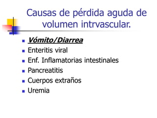 Causas de pérdida aguda de
volumen intrvascular.
 Vómito/Diarrea
 Enteritis viral
 Enf. Inflamatorias intestinales
 Pancreatitis
 Cuerpos extraños
 Uremia
 