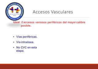 Accesos Vasculares
Ideal: 2 accesos venosos periféricos del mayor calibre
posible.
▪ Vías periféricas.
▪ Vía intraósea.
▪ No CVC en esta
etapa.
 