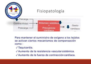 Fisiopatología
Mecanismos de compensación
Para mantener el suministro de oxígeno a los tejidos
se activan ciertos mecanismos de compensación
como :
✓ Taquicardia.
✓ Aumento de la resistencia vascular sistémica.
✓ Aumento de la fuerza de contracción cardíaca.
 