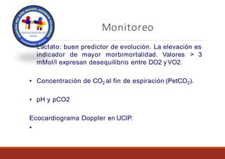 Monitoreo
▪ Lactato: buen predictor de evolución. La elevación es
indicador de mayor morbimortalidad. Valores > 3
mMol/l expresan desequilibrio entre DO2 yVO2.
▪ Concentración de CO2 al fin de espiración (PetCO2).
▪ pH y pCO2
Ecocardiograma Doppler en UCIP.
▪
 