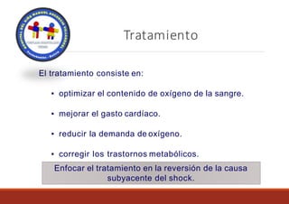 Tratamiento
El tratamiento consiste en:
▪ optimizar el contenido de oxígeno de la sangre.
▪ mejorar el gasto cardíaco.
▪ reducir la demanda de oxígeno.
▪ corregir los trastornos metabólicos.
Enfocar el tratamiento en la reversión de la causa
subyacente del shock.
 