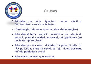 Causas
▪ Pérdidas por tubo digestivo: diarrea, vómitos,
fístulas, íleo oclusivo o dinámico.
▪ Hemorragia: interna o externa (shock hemorrágico).
▪ Pérdidas al tercer espacio: intersticio, luz intestinal,
espacio pleural, cavidad peritoneal, retroperitoneo (en
pacientes quirúrgicos).
▪ Pérdidas por vía renal: diabetes insípida, diuréticos,
IRA poliúrica, diuresis osmótica (ej.: hiperglucemia),
nefritis perdedora de sal.
▪ Pérdidas cutáneas: quemaduras.
 