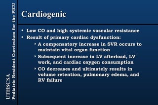 Cardiogenic Low CO and high systemic vascular resistance Result of primary cardiac dysfunction: A compensatory increase in SVR occurs to maintain vital organ function Subsequent increase in LV afterload, LV work, and cardiac oxygen consumption CO decreases and ultimately results in volume retention, pulmonary edema, and RV failure 