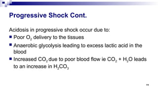 11
Progressive Shock Cont.
Acidosis in progressive shock occur due to:
 Poor O2 delivery to the tissues
 Anaerobic glycolysis leading to excess lactic acid in the
blood
 Increased CO2 due to poor blood flow ie CO2 + H2O leads
to an increase in H2CO3
 