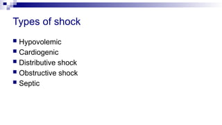 Types of shock
 Hypovolemic
 Cardiogenic
 Distributive shock
 Obstructive shock
 Septic
 