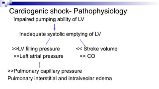 Cardiogenic shock- Pathophysiology
Impaired pumping ability of LV
Inadequate systolic emptying of LV
>>LV filling pressure << Stroke volume
>>Left atrial pressure << CO
>>Pulmonary capillary pressure
Pulmonary interstitial and intralveolar edema
 