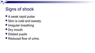 Signs of shock
 A weak rapid pulse
 Skin is cold and sweaty
 Irregular breathing
 Dry mouth
 Dilated pupils
 Reduced flow of urine.
 