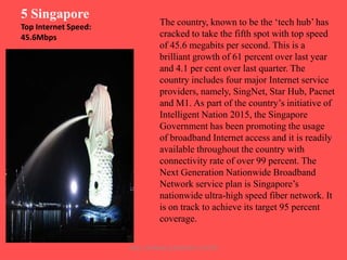 5 Singapore
Top Internet Speed:
45.6Mbps

The country, known to be the „tech hub‟ has
cracked to take the fifth spot with top speed
of 45.6 megabits per second. This is a
brilliant growth of 61 percent over last year
and 4.1 per cent over last quarter. The
country includes four major Internet service
providers, namely, SingNet, Star Hub, Pacnet
and M1. As part of the country‟s initiative of
Intelligent Nation 2015, the Singapore
Government has been promoting the usage
of broadband Internet access and it is readily
available throughout the country with
connectivity rate of over 99 percent. The
Next Generation Nationwide Broadband
Network service plan is Singapore‟s
nationwide ultra-high speed fiber network. It
is on track to achieve its target 95 percent
coverage.
ARISE TRAINING & RESEARCH CENTER

 