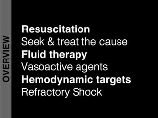 OVERVIEW
Resuscitation
Seek & treat the cause!
Fluid therapy
Vasoactive agents!
Hemodynamic targets
Refractory Shock!
 