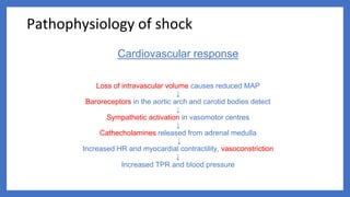 Cardiovascular response
Loss of intravascular volume causes reduced MAP
↓
Baroreceptors in the aortic arch and carotid bodies detect
↓
Sympathetic activation in vasomotor centres
↓
Cathecholamines released from adrenal medulla
↓
Increased HR and myocardial contractility, vasoconstriction
↓
Increased TPR and blood pressure
Pathophysiology of shock
 