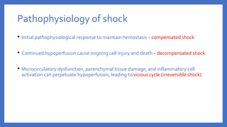 Pathophysiology of shock
• Initial pathophysiological response to maintain hemostasis – compensated shock
• Continued hypoperfusion cause ongoing cell injury and death – decompensated shock
• Microcirculatory dysfunction, parenchymal tissue damage, and inflammatory cell
activation can perpetuate hypoperfusion, leading to vicious cycle (irreversible shock)
 